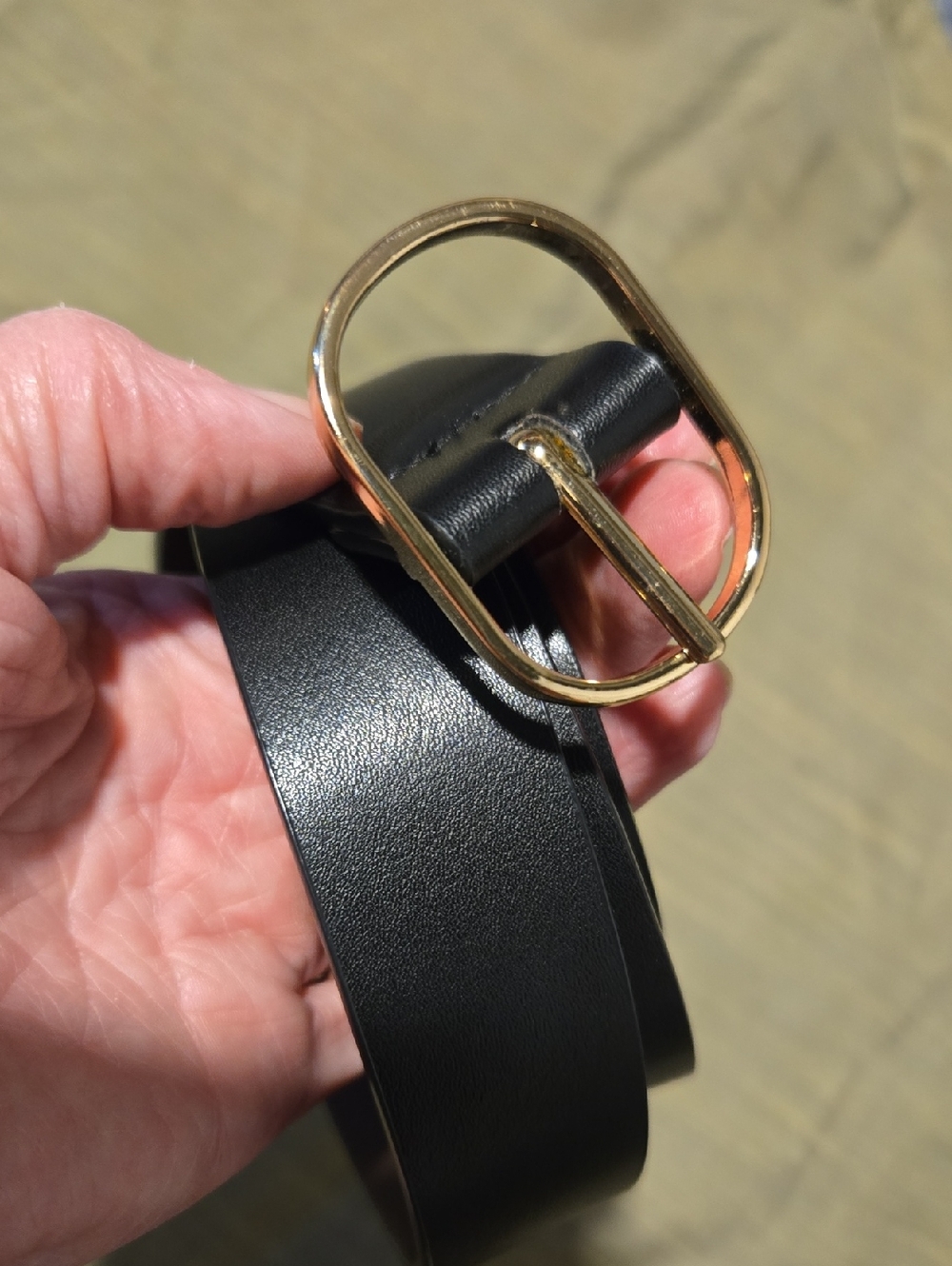 Classic Black Leather Belt with Gold Buckle